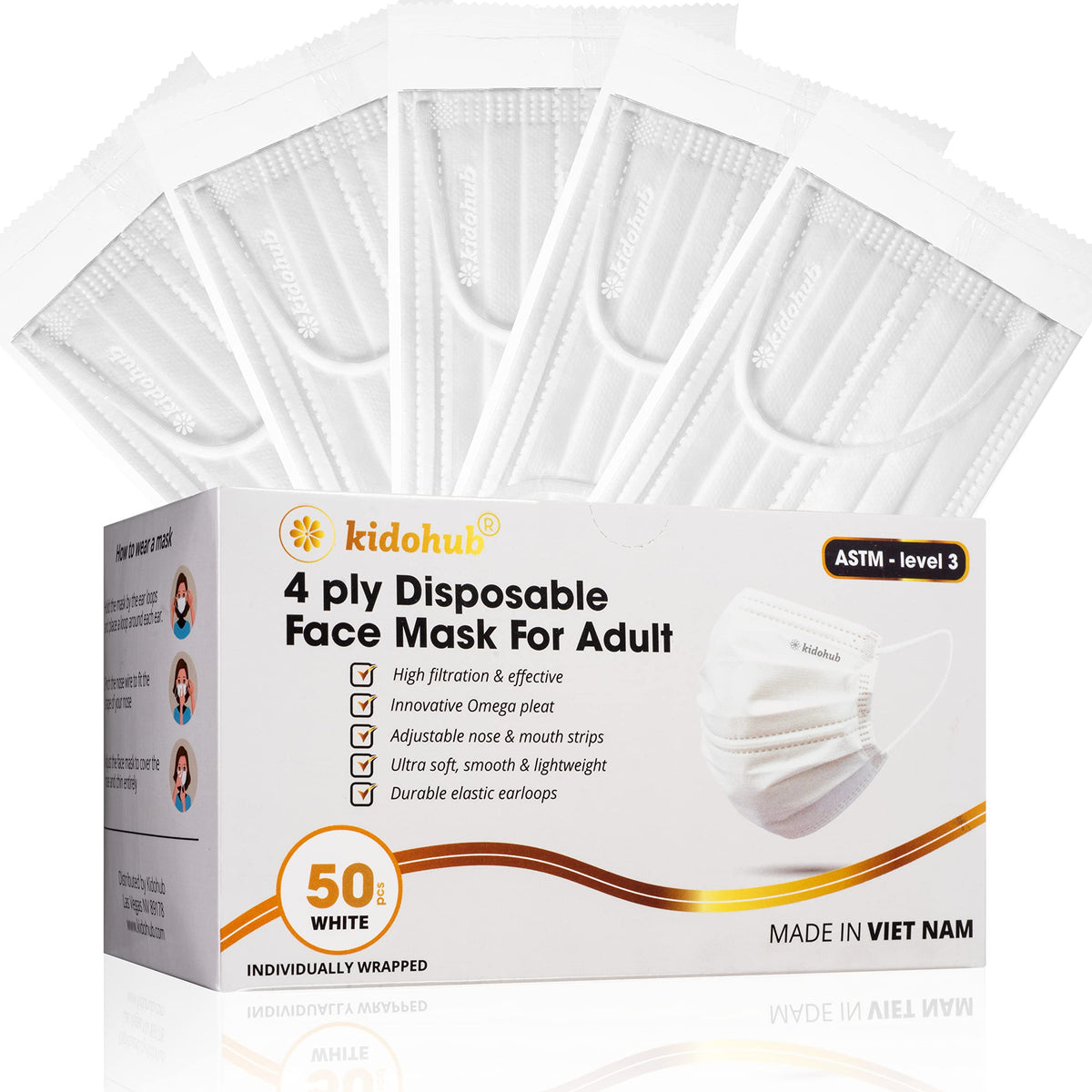 FDA Registered ASTM Level 3, Adult 4 Ply Individually Wrapped Disposable Medical Face Mask