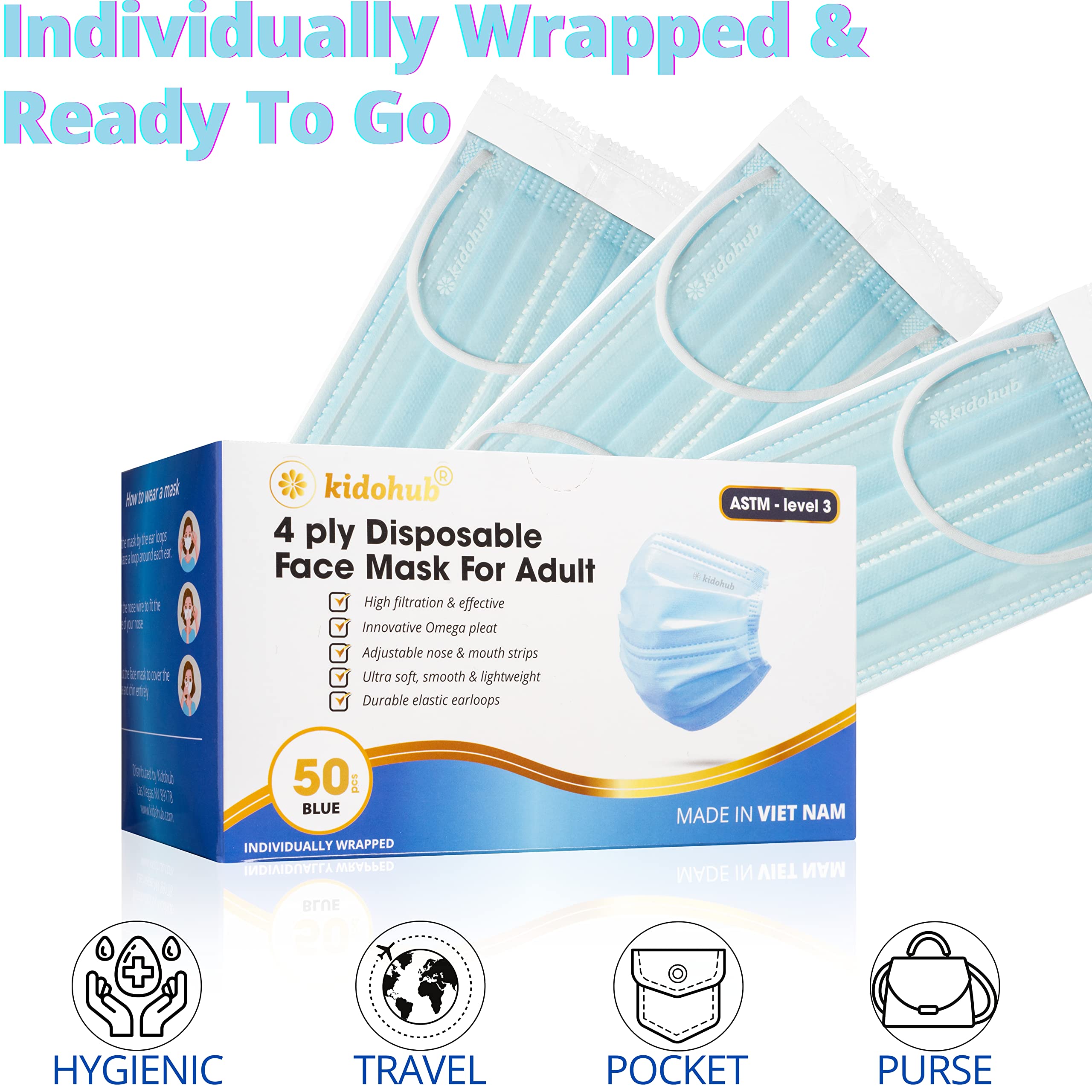 FDA Registered ASTM Level 3, Adult 4 Ply Individually Wrapped Disposable Medical Face Mask