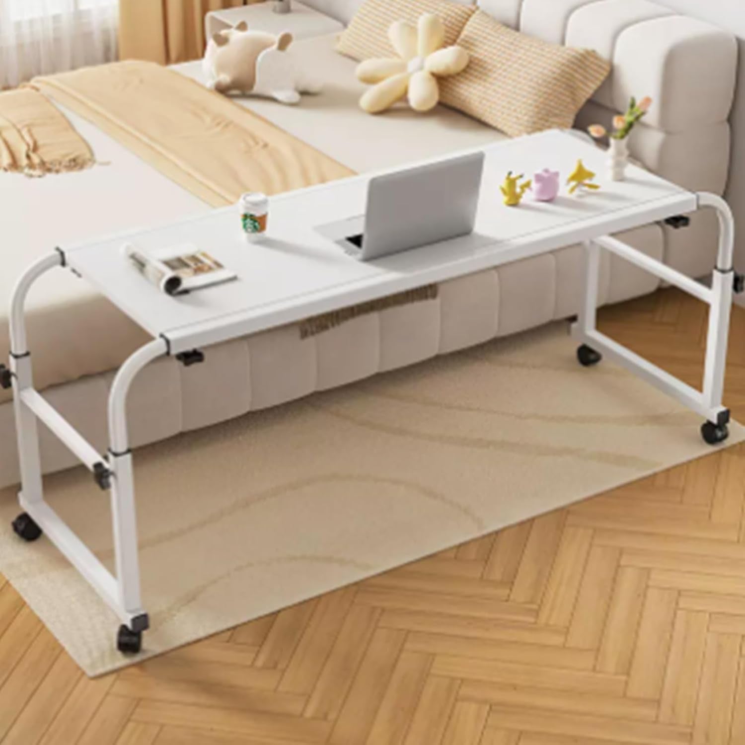 GHT Table for Bed Rolling Overbed Table Bedside Table with Wheels (White NO Baffle_120*45Cm/47 * 17.5IN)