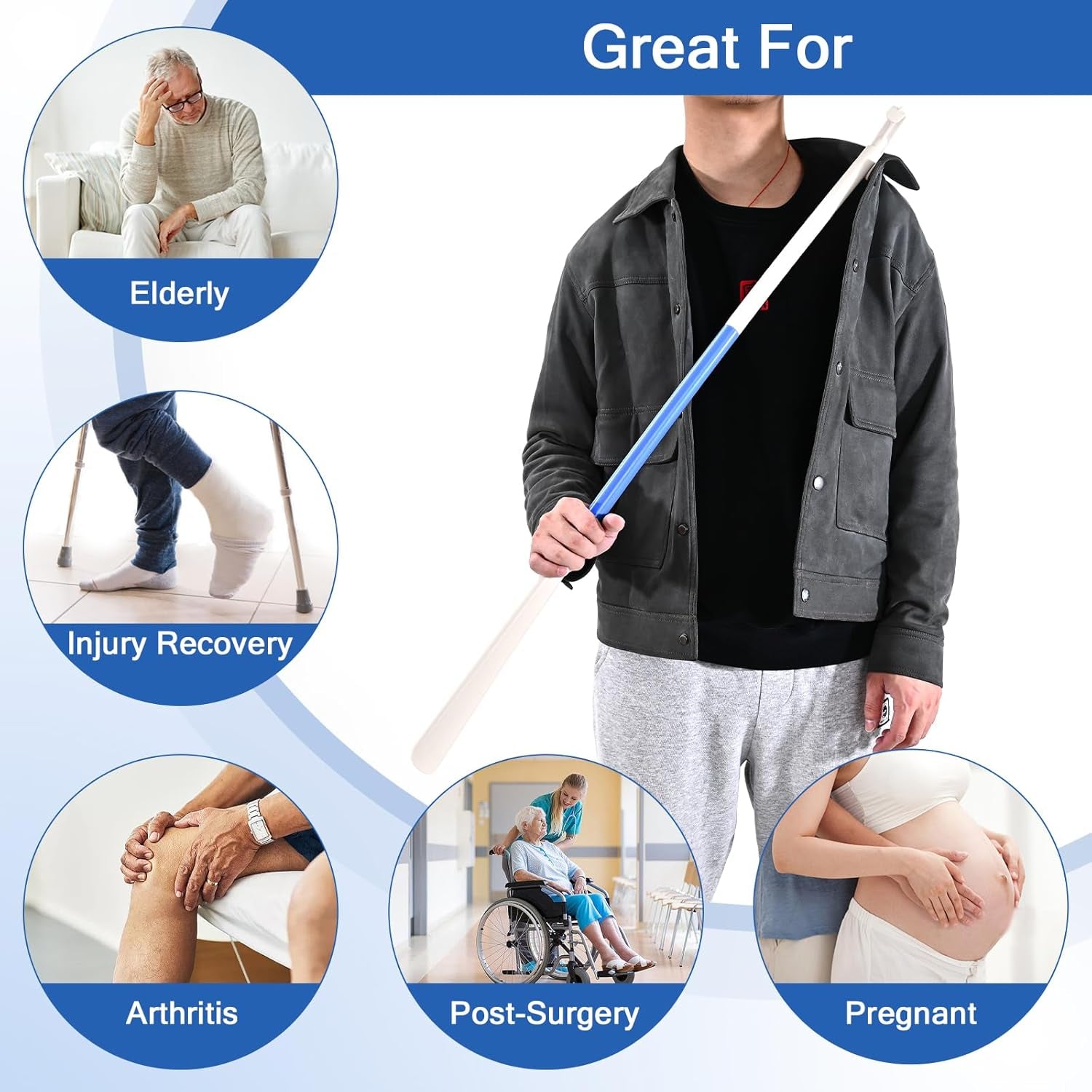 35" Long Dressing Stick with Shoe Horn with Sock Removal Tool, Adjustable Extended Dressing Aids for Shoes, Socks, Shirts and Pants White and Blue