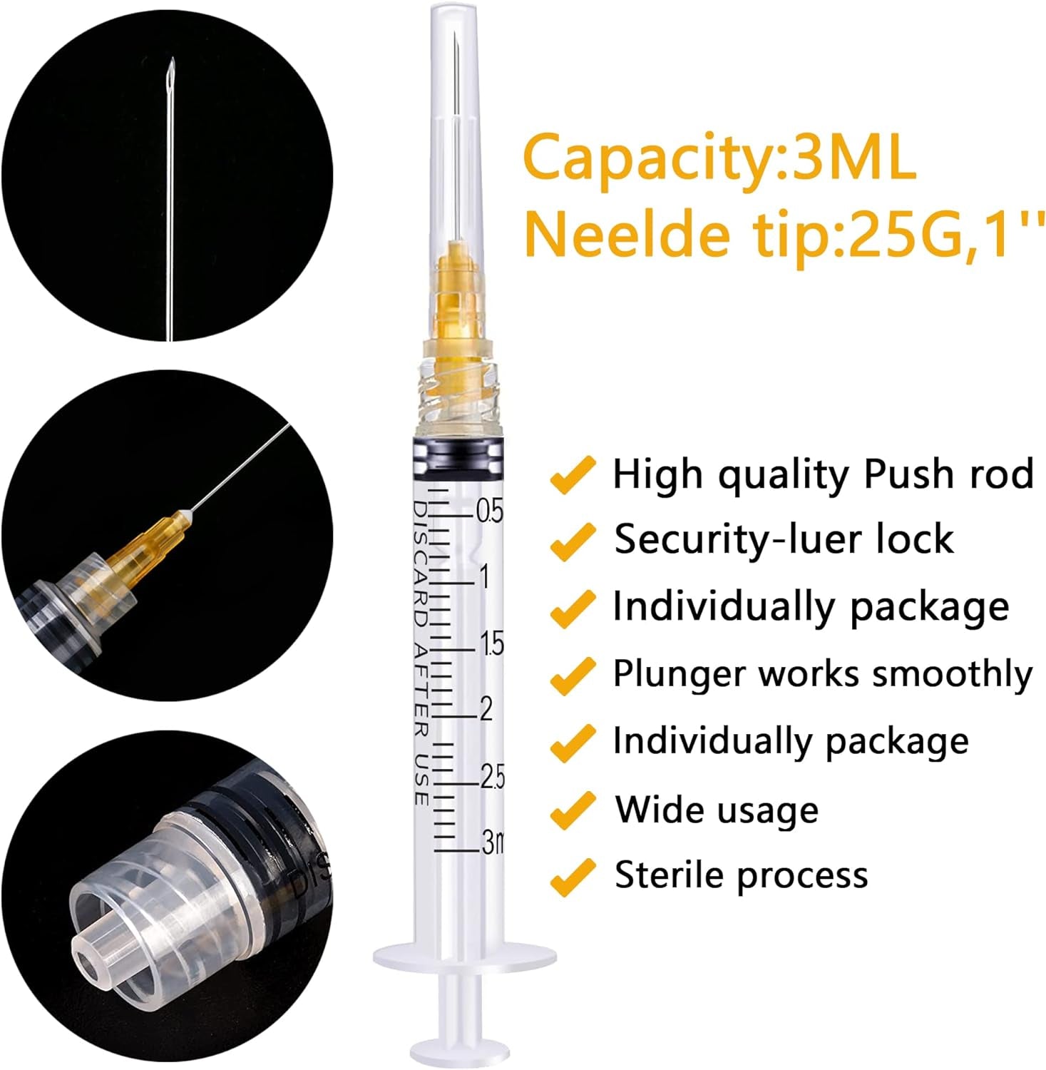 3Ml/Cc Luer Lock with 25Ga 1Inch Individual Wrapped Pack of 50