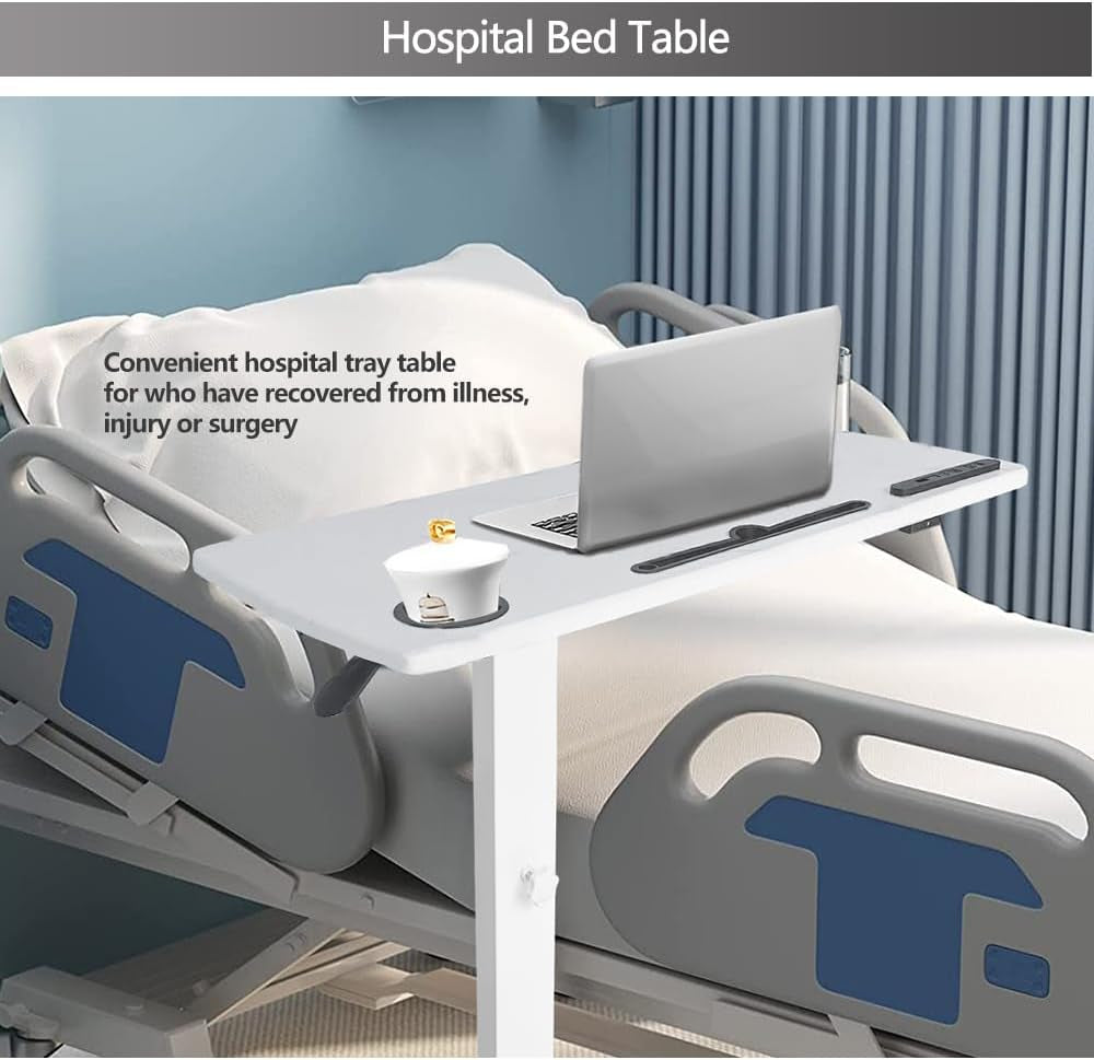 Overbed Table,Hospital Bed Table,Pneumatic Bed Tables Adjustable over the Bed with Hidden Wheels&Usb,Mobile Laptop Cart&Rolling Bedside Table with Tray Hospital Home Use (White1)