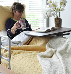 6417 Hospital Style Overbed Table with Auto-Touch Adjustable Height and Wheel for Beds and Bedside, Brown, 0.75" Height, 15" Width, 30" Length