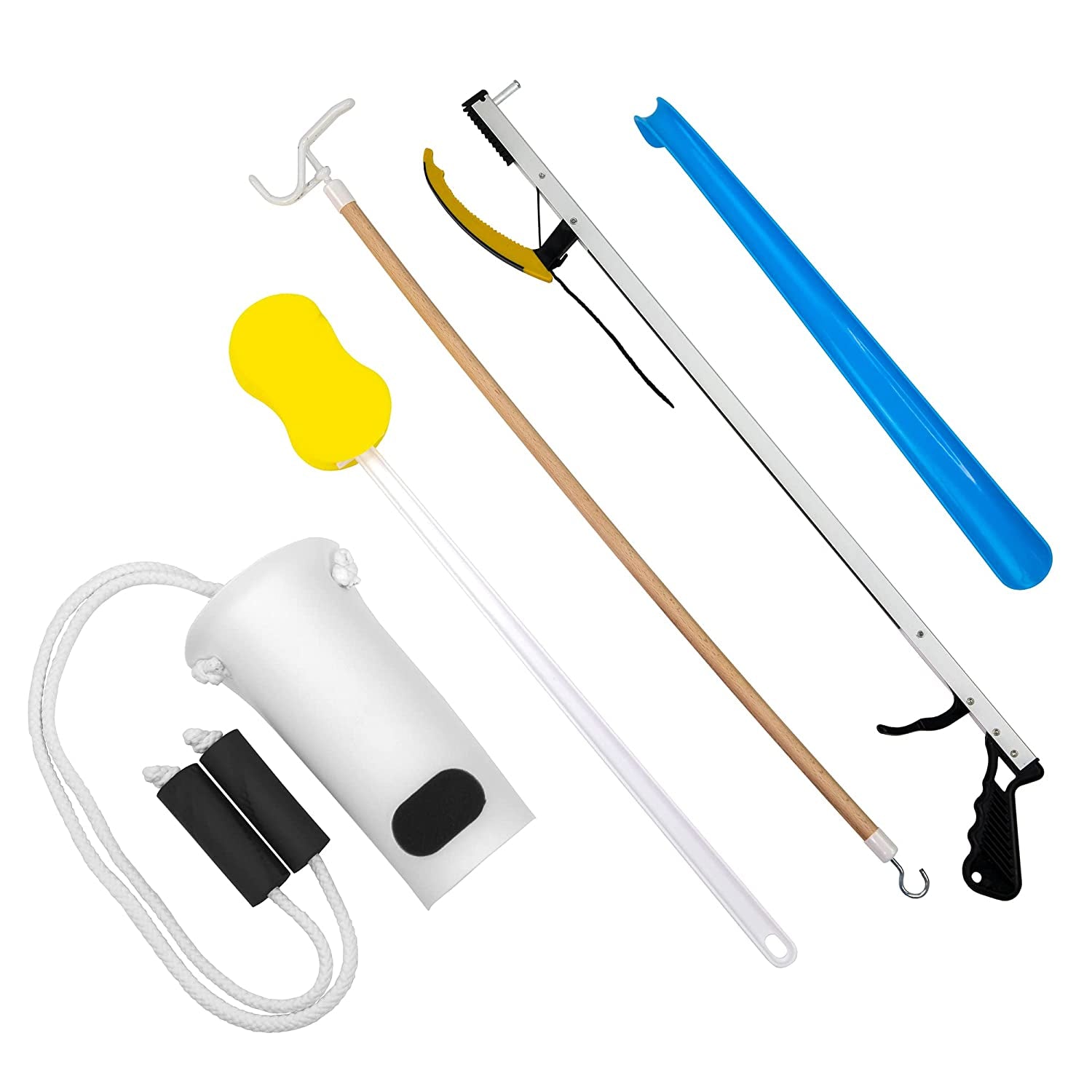 86-0075 Hip Kit #3: 32" Reacher, Straight Handle Sponge, Deluxe Sock Aid, Shoehorn, Dressing Stick