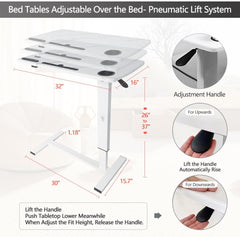 Overbed Table,Hospital Bed Table,Pneumatic Bed Tables Adjustable over the Bed with Hidden Wheels&Usb,Mobile Laptop Cart&Rolling Bedside Table with Tray Hospital Home Use (White1)