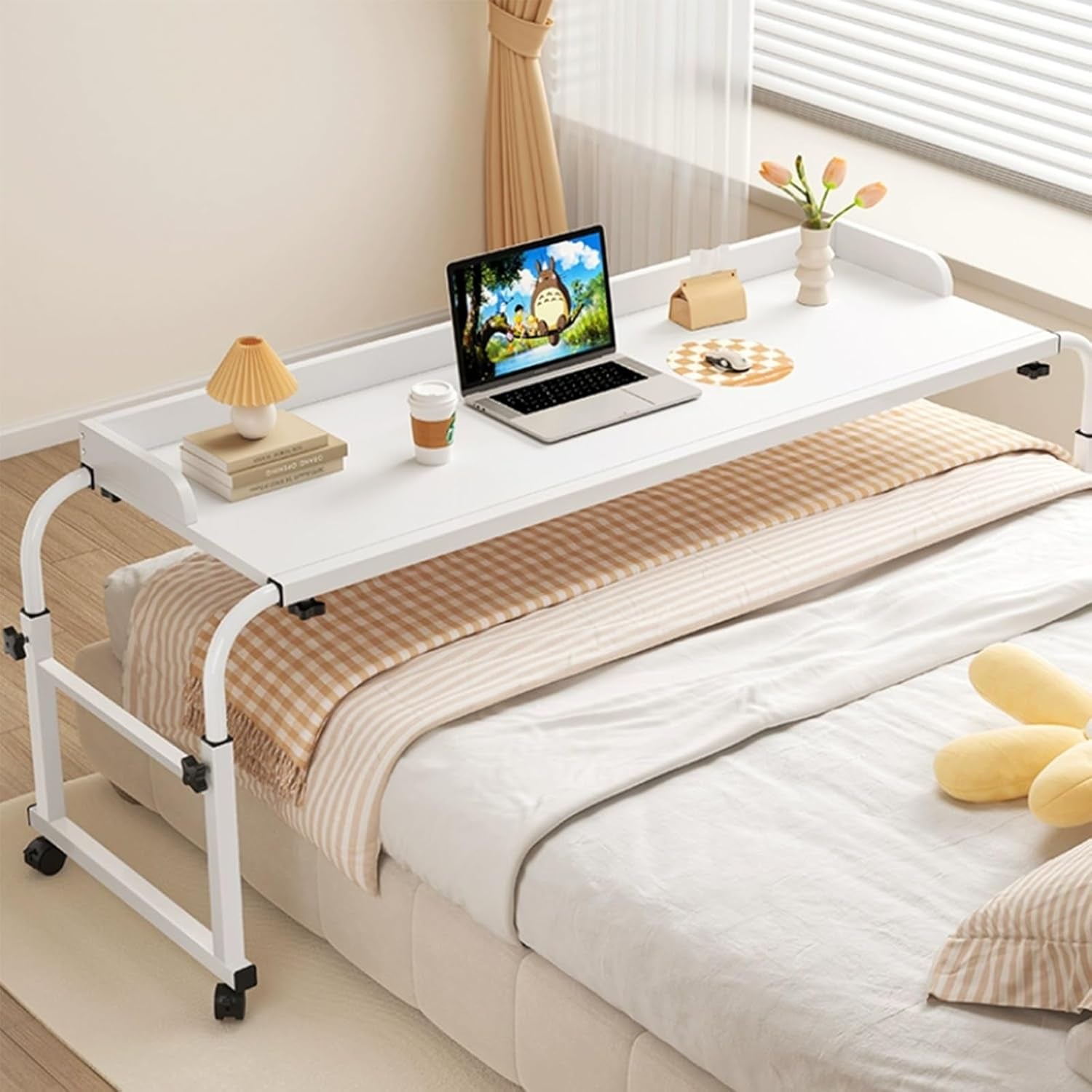 GHT Table for Bed Rolling Overbed Table Bedside Table with Wheels (White NO Baffle_120*45Cm/47 * 17.5IN)