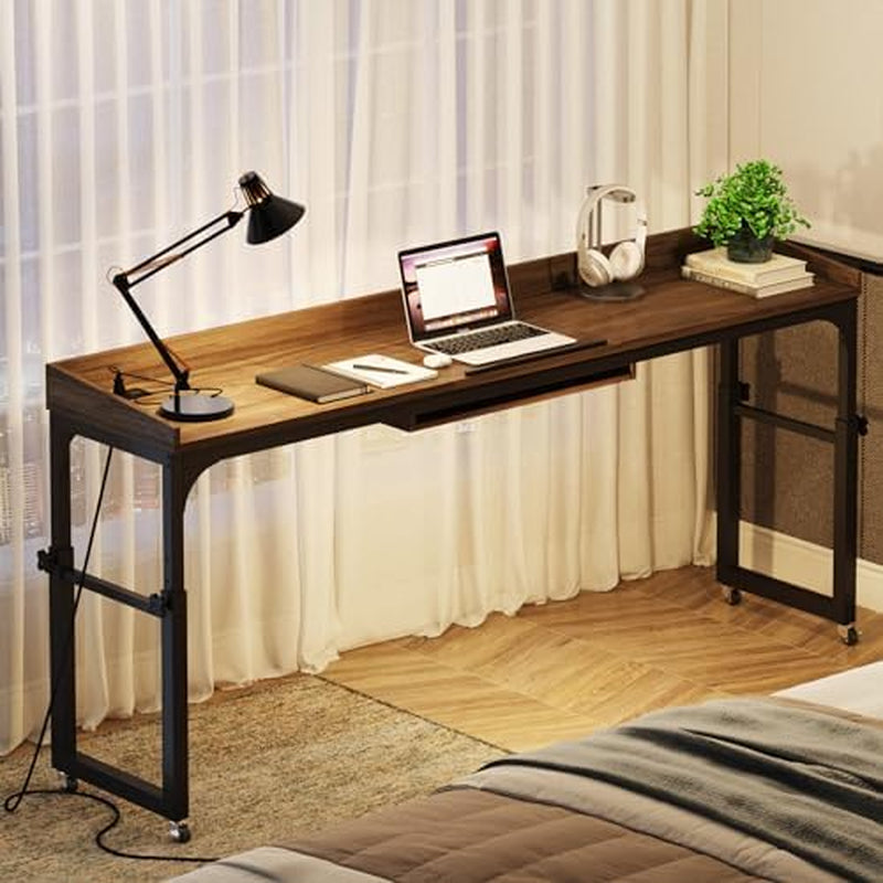 Overbed Table with Wheels Adjustable Height, Portable Rolling Table with Outlets & USB Ports for Queen Bed, Giant Computer Desk with Tilt Stand