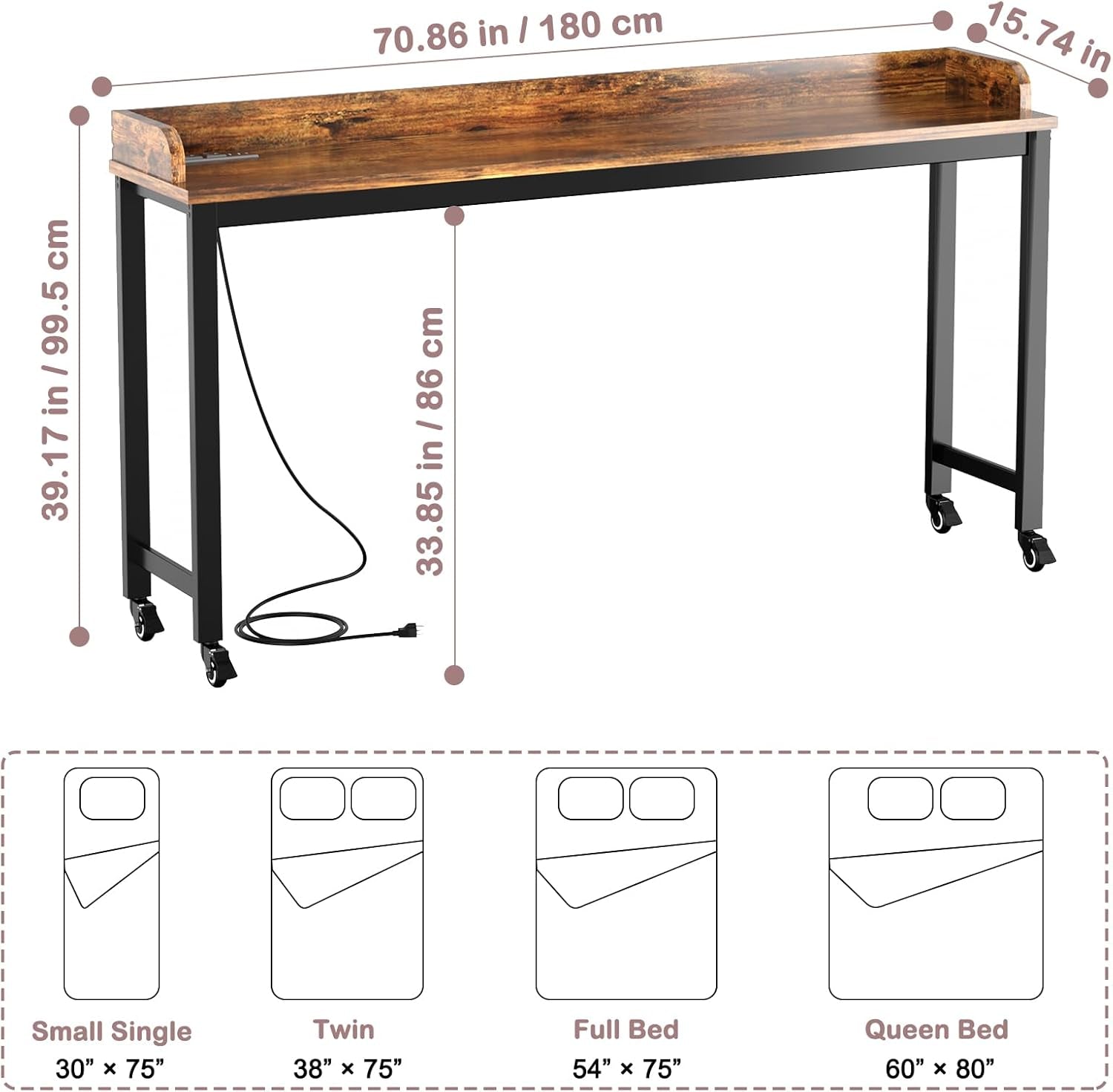 Table Overbed, Walnut, Queen Size, Wheels, Charging Station, 70.8" for Home and Hospital