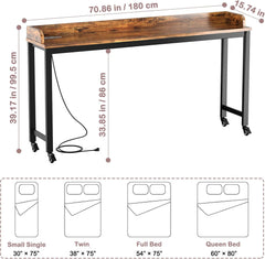 Table Overbed, Walnut, Queen Size, Wheels, Charging Station, 70.8" for Home and Hospital