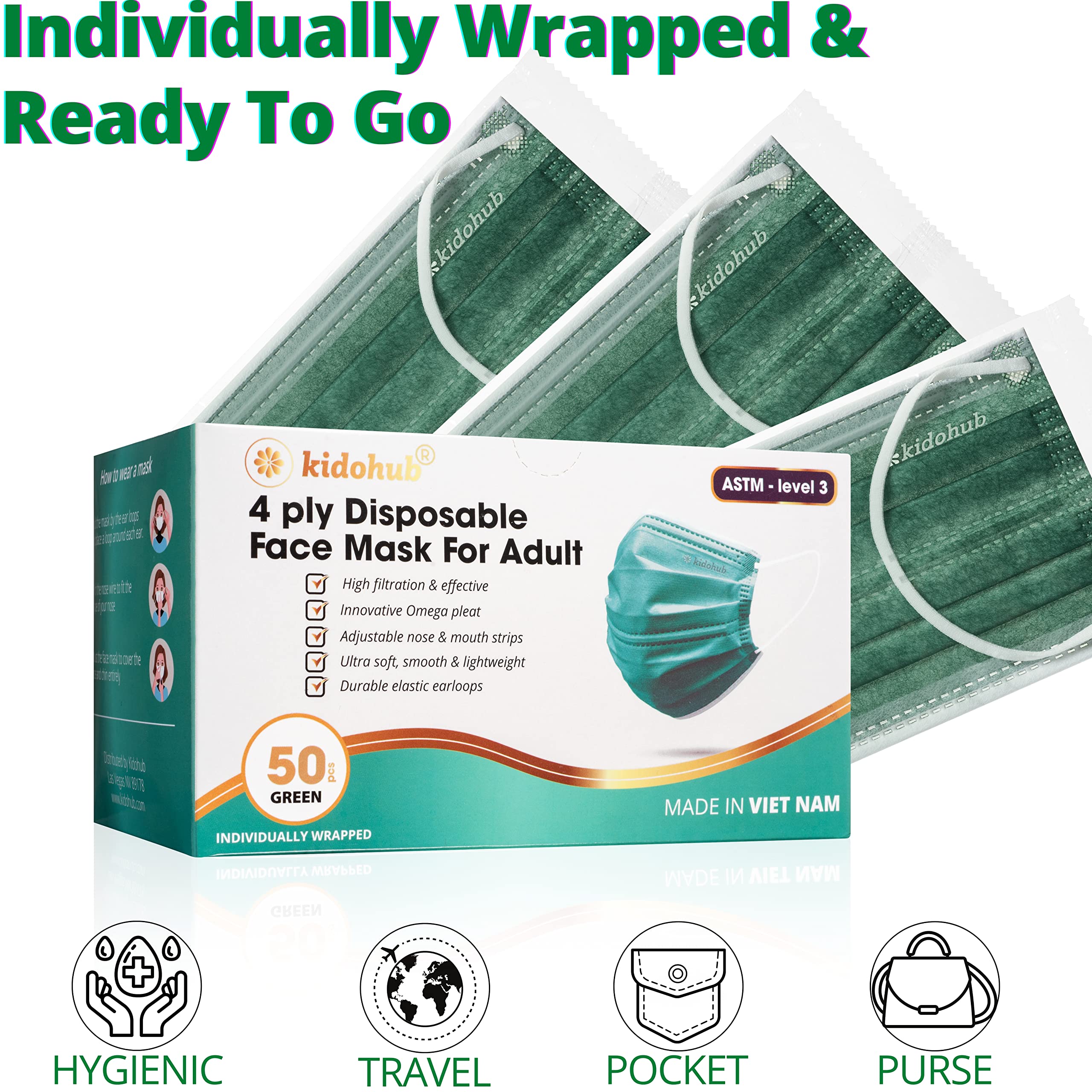 FDA Registered ASTM Level 3, Adult 4 Ply Individually Wrapped Disposable Medical Face Mask