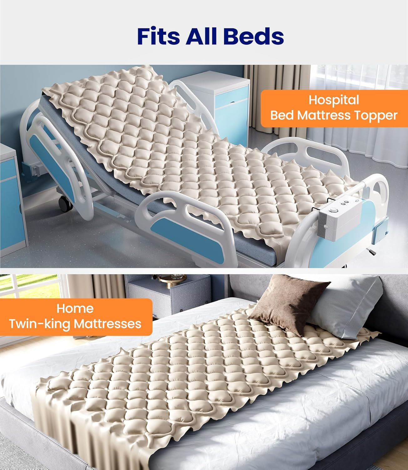 Alternating Air Pressure Mattress Pad, Bed Sore Prevention Solution Mattress Topper with 6-Setting Pump, Waterproof Pressure Ulcer Cushion Pad for Hospital Beds and Home (S11VA, Beige)