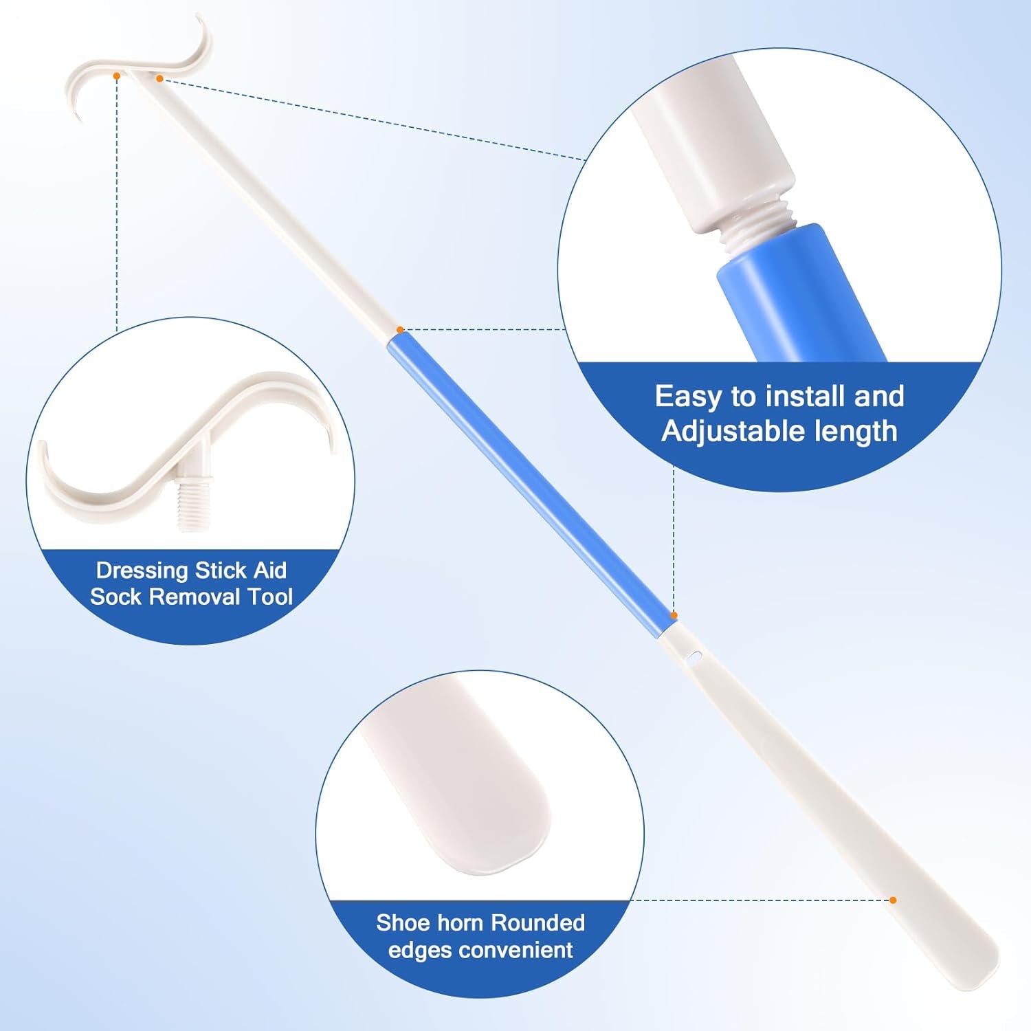 35" Long Dressing Stick with Shoe Horn with Sock Removal Tool, Adjustable Extended Dressing Aids for Shoes, Socks, Shirts and Pants White and Blue