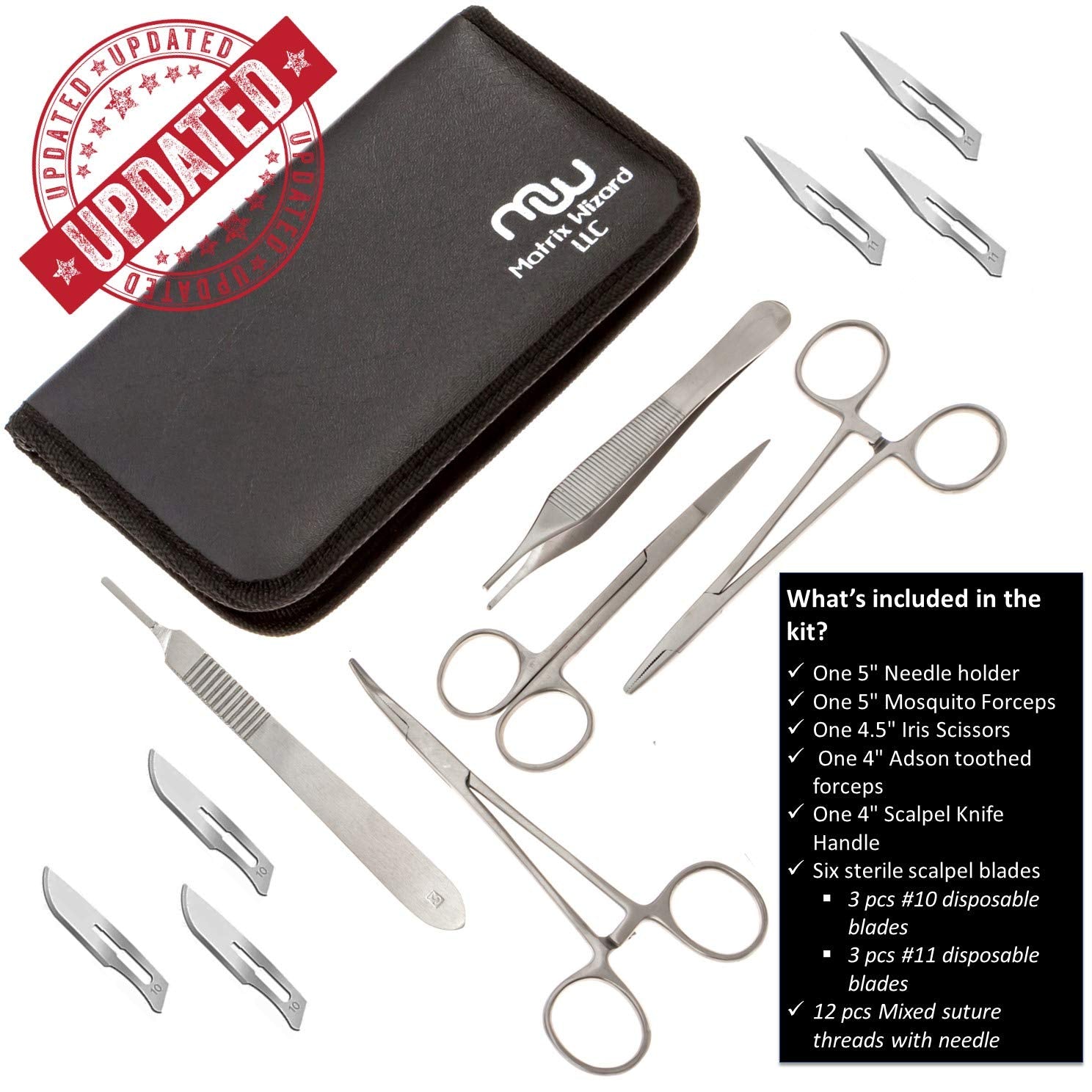 Sterile Sutures Thread with Needle plus Tools - First Aid Field Emergency, Trauma Practice Suture Kit; Taxidermy; Medical, Nursing and Vet Students (16 Mixed 0, 2/0, 3/0, 4/0 with 12 Instruments) 28PK