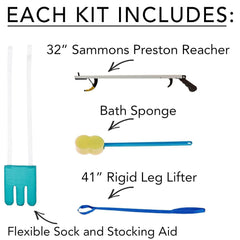 Hip Kit 9, Four Essential Assisted Daily Living Aids for Limited Mobility, Includes 32" Reacher Claw, Flexible Sock Aid, Rigid Leg Lifter, and Contoured Bath Sponge with Long Handle