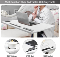 Overbed Table,Hospital Bed Table,Pneumatic Bed Tables Adjustable over the Bed with Hidden Wheels&Usb,Mobile Laptop Cart&Rolling Bedside Table with Tray Hospital Home Use (White1)