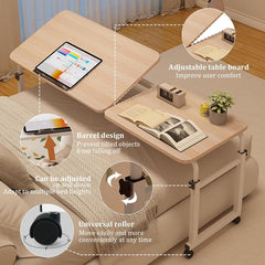 Adjustable Height Overbed Table with Wheels-Versatile over the Bed Desk for Eating, Working or Reading,Mobile Computer Table and Bed Table,Wood Color