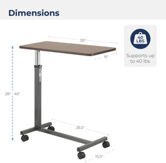 13067 Non Tilt Top Overbed Table with Wheels, Bedside Table, Adjustable Overbed Rolling Table, Adjustable Standing Desk or Hospital Tray Table with Secure Height Adjustment, Silver Vein