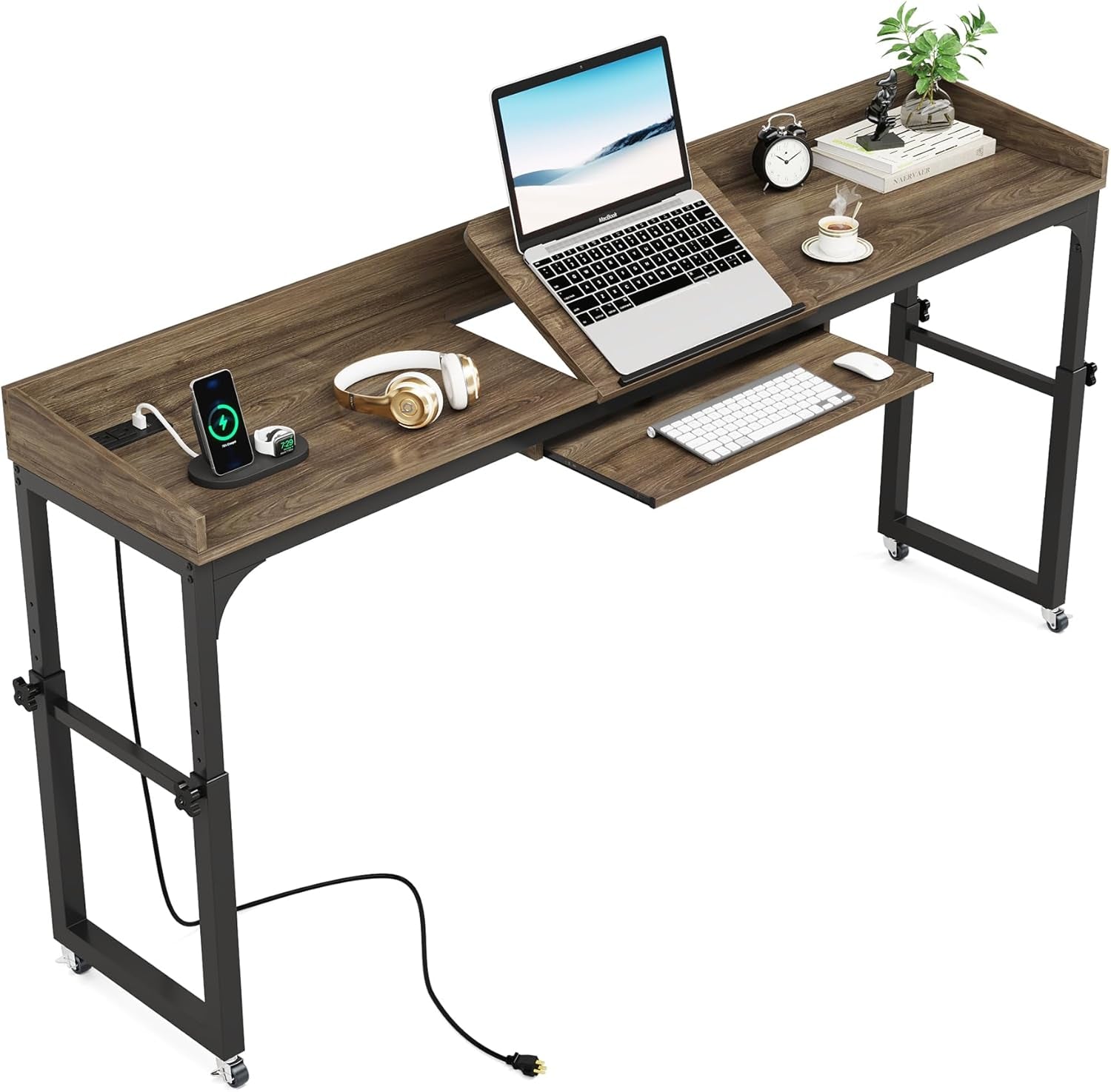 Overbed Table with Wheels Adjustable Height, Portable Rolling Table with Outlets & USB Ports for Queen Bed, Giant Computer Desk with Tilt Stand