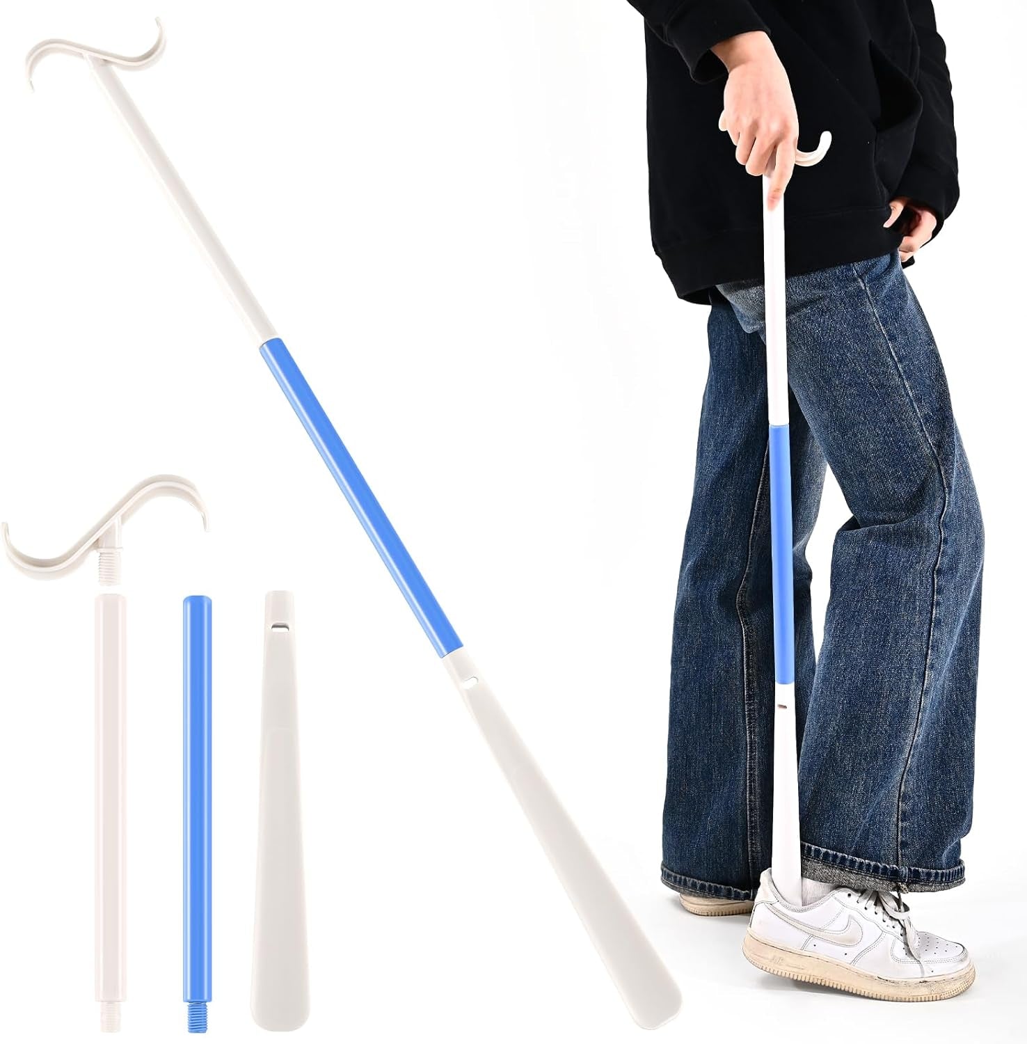 35" Long Dressing Stick with Shoe Horn with Sock Removal Tool, Adjustable Extended Dressing Aids for Shoes, Socks, Shirts and Pants White and Blue