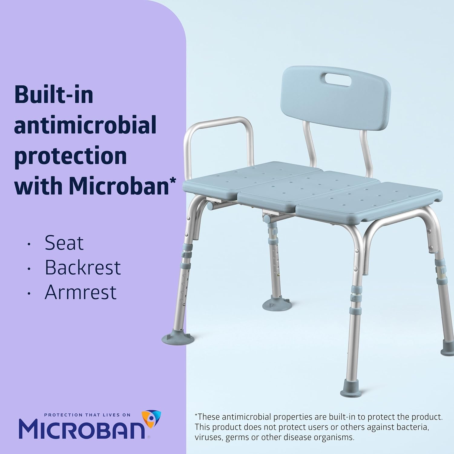 Tub Transfer Bench and Shower Chair with Microban Antimicrobial Protection, Adjustable Shower Bench and Bath Seat for Seniors and Elderly, 350 Lb. Weight Capacity, Light Blue