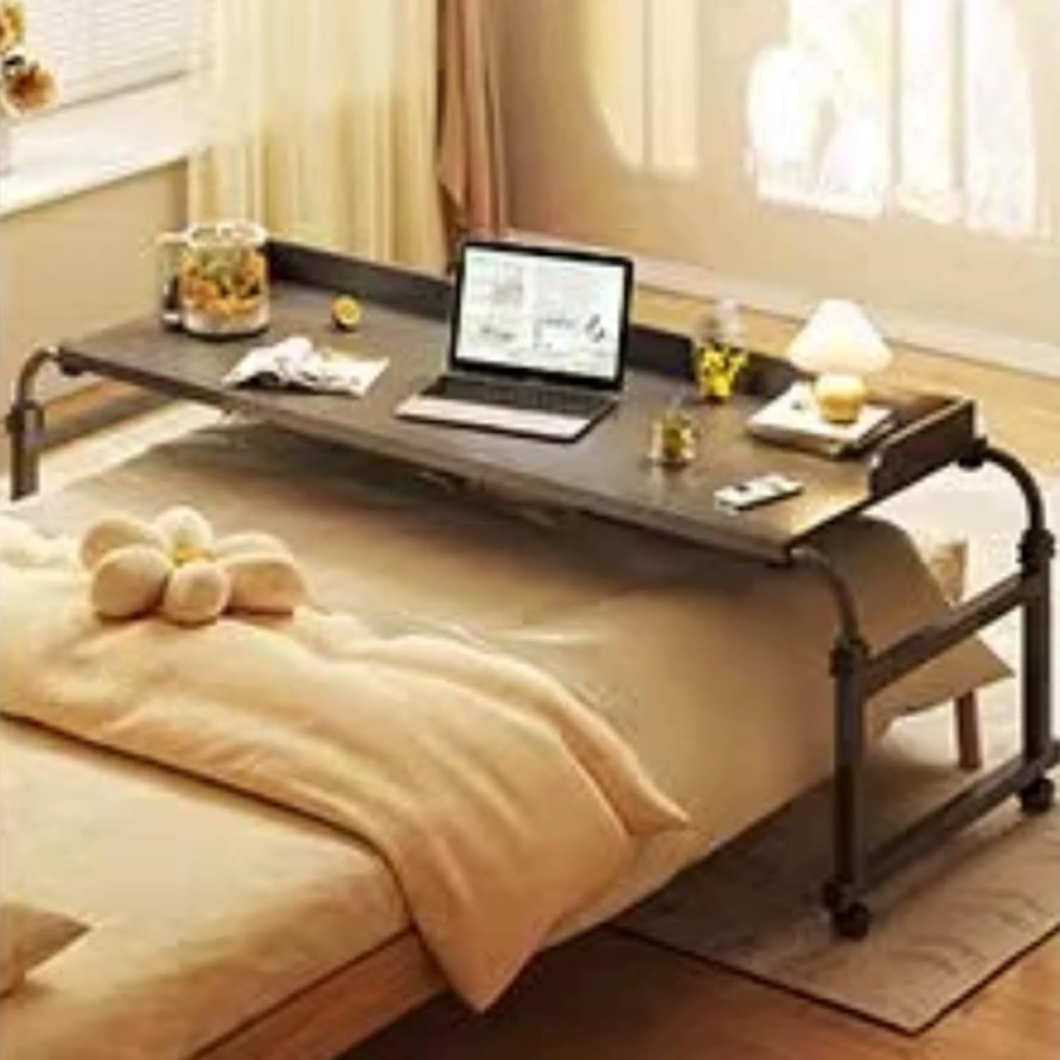 Adjustable Height Rolling Bed Table Tray Overbed Desk with Wheels for Laptop and Writing - Rolling Tray Bed Table (White 120 * 53Cm/47 * 21In)