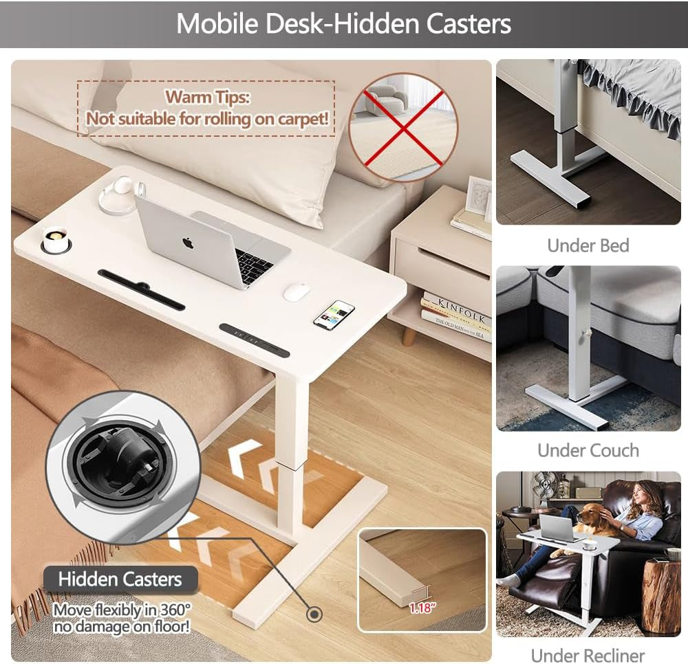 Overbed Table,Hospital Bed Table,Pneumatic Bed Tables Adjustable over the Bed with Hidden Wheels&Usb,Mobile Laptop Cart&Rolling Bedside Table with Tray Hospital Home Use (White1)