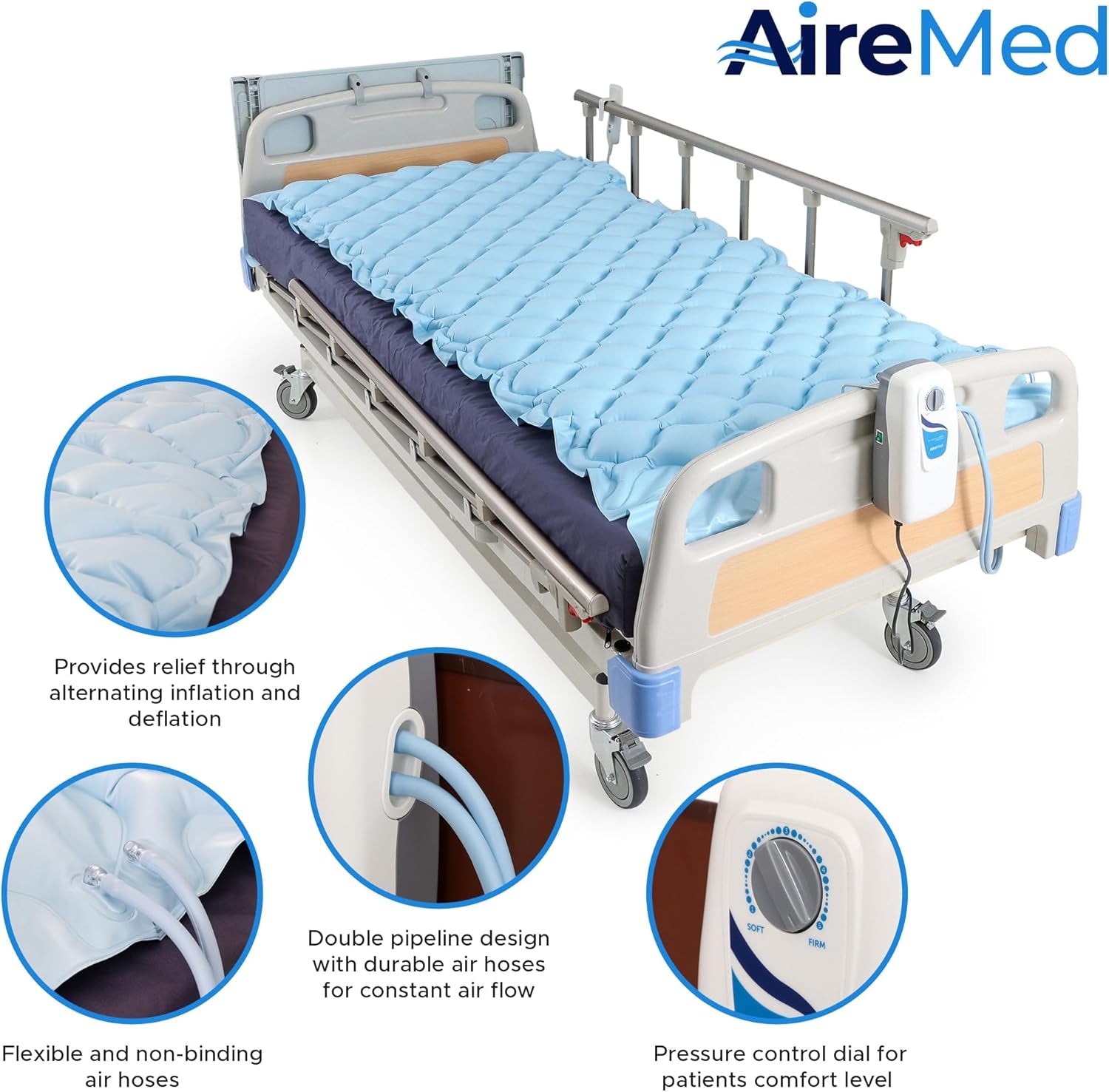 : Alternating Air Pressure Mattress Pad with Quiet Electric Pump System - Premium Hospital Bed Mattress Topper for Bed Sore Prevention - Medical Bed Sore Cushions for Butt & Back