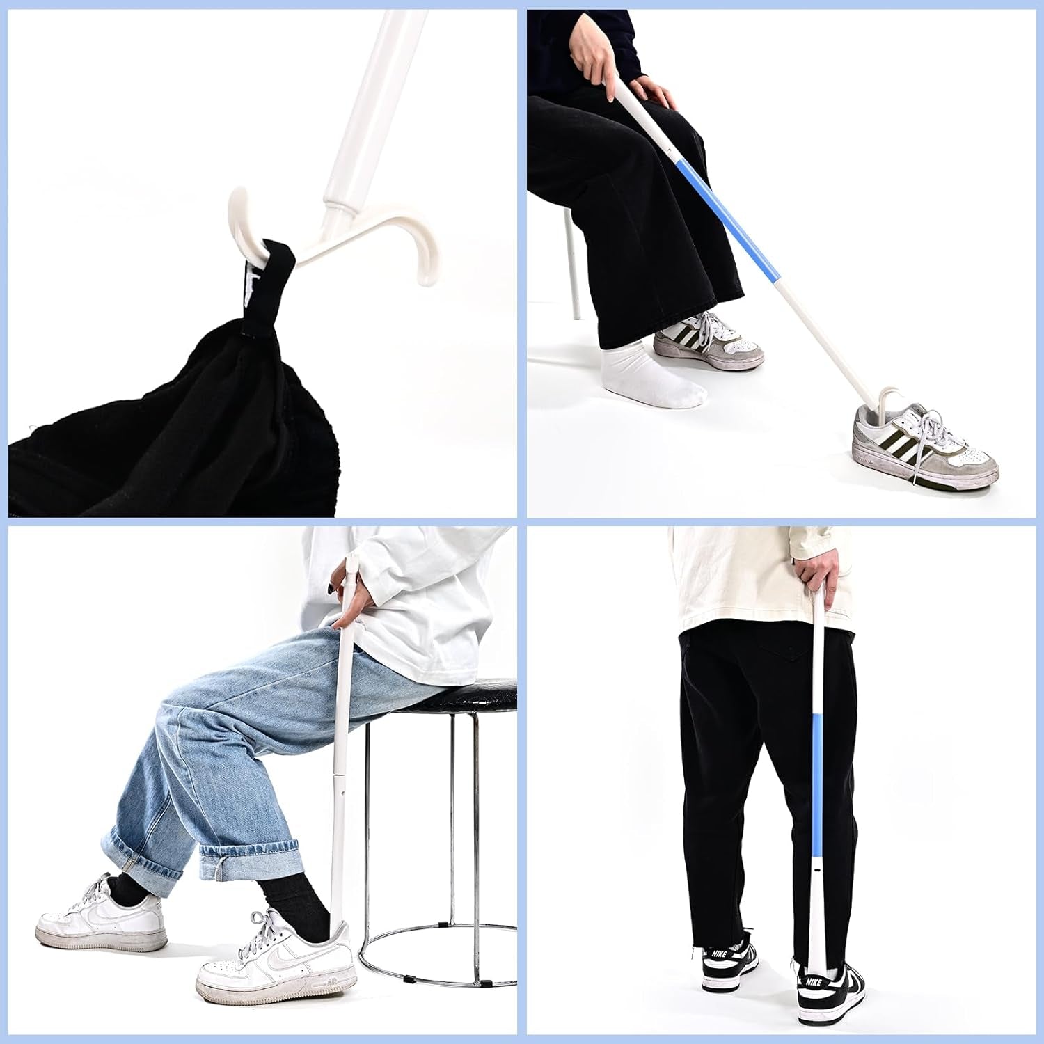 35" Long Dressing Stick with Shoe Horn with Sock Removal Tool, Adjustable Extended Dressing Aids for Shoes, Socks, Shirts and Pants White and Blue