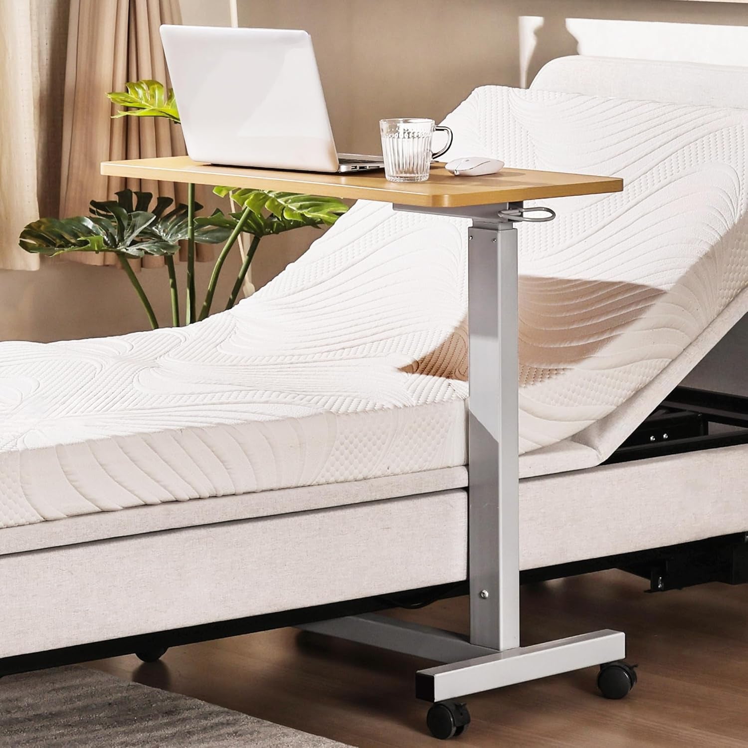 Heavy Duty Height Adjustable Overbed Bedside Table Movable with Wheels for Hospital and Home Care Use