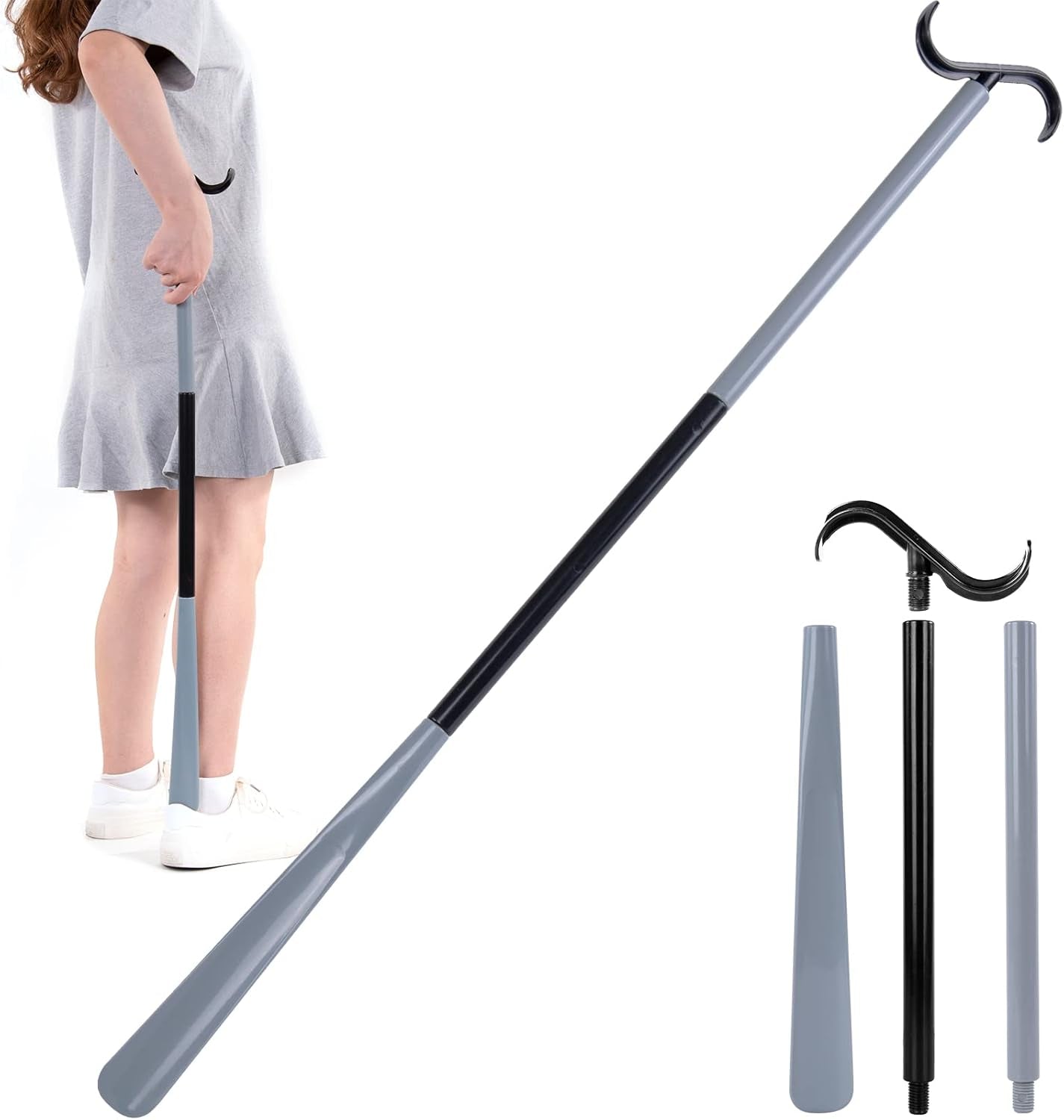 35" Long Dressing Stick with Shoe Horn with Sock Removal Tool, Adjustable Extended Dressing Aids for Shoes, Socks, Shirts and Pants White and Blue