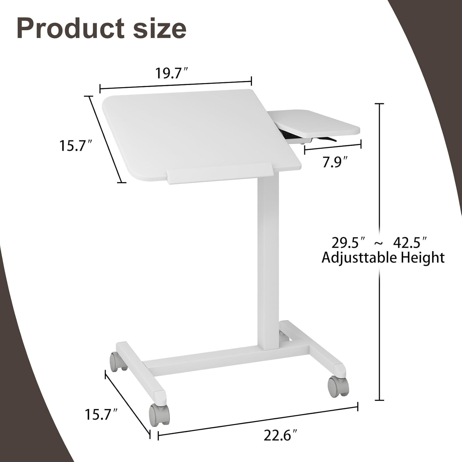 Adjustable Tilt Overbed Bedside Table with Wheels Mobile Laptop Standing Desk Portable Rolling Computer Cart Movable End Table Sofa Side Table for Home Hospital Use