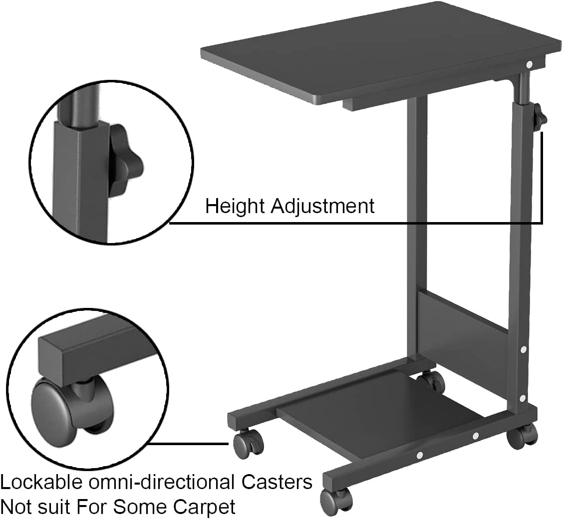 Hospital Bed Table over Bed Table with Wheels Adjustable Height Sofa Side Bedside Table, Rolling Hospital Table, over Bed Table C Table Mobile Computer Desk Laptop Table (Black)