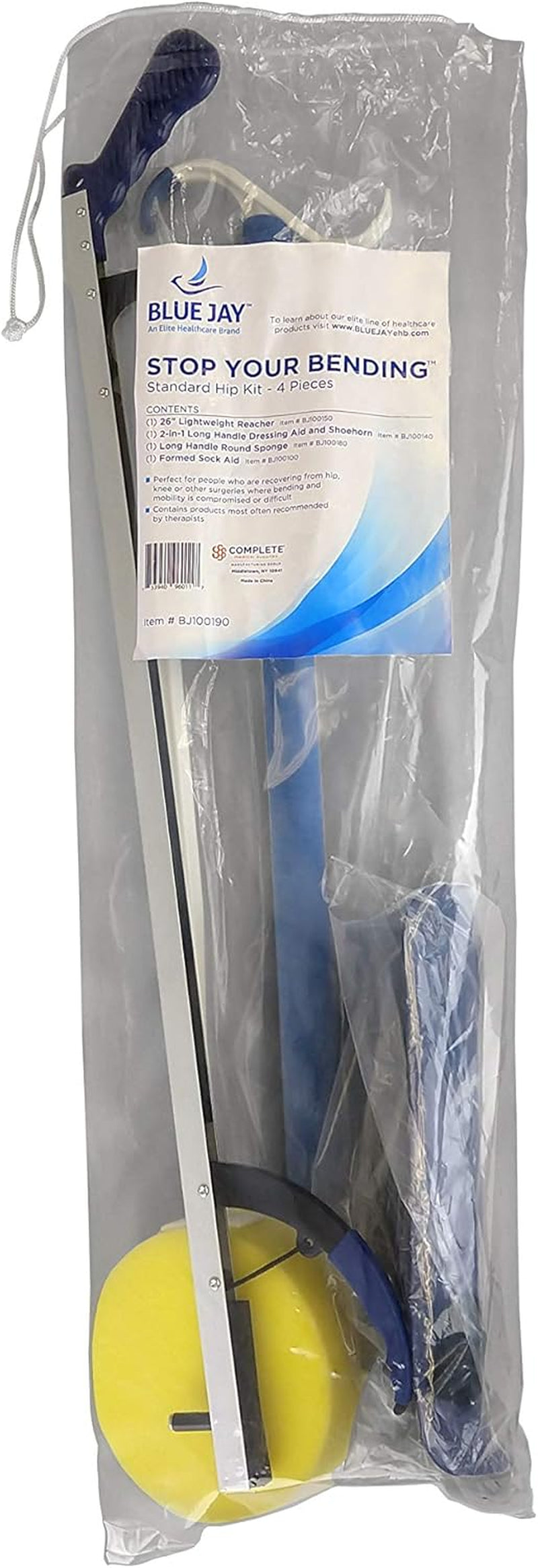 Bending Hip Kit 4 Piece Combo Pack Include 26 Inch Reacher | Sock Aid with Foam Handles and Dressing Stick | Plastic Shoehorn for Surgery Recovery - 24 Inches