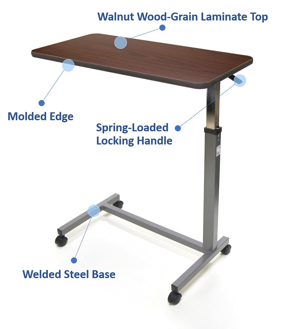 6417 Hospital Style Overbed Table with Auto-Touch Adjustable Height and Wheel for Beds and Bedside, Brown, 0.75" Height, 15" Width, 30" Length