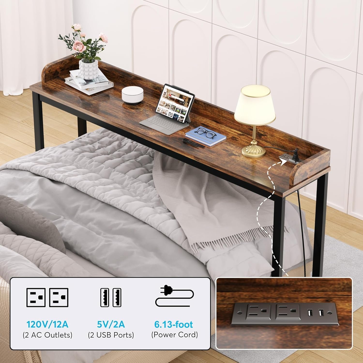 Table Overbed, Walnut, Queen Size, Wheels, Charging Station, 70.8" for Home and Hospital