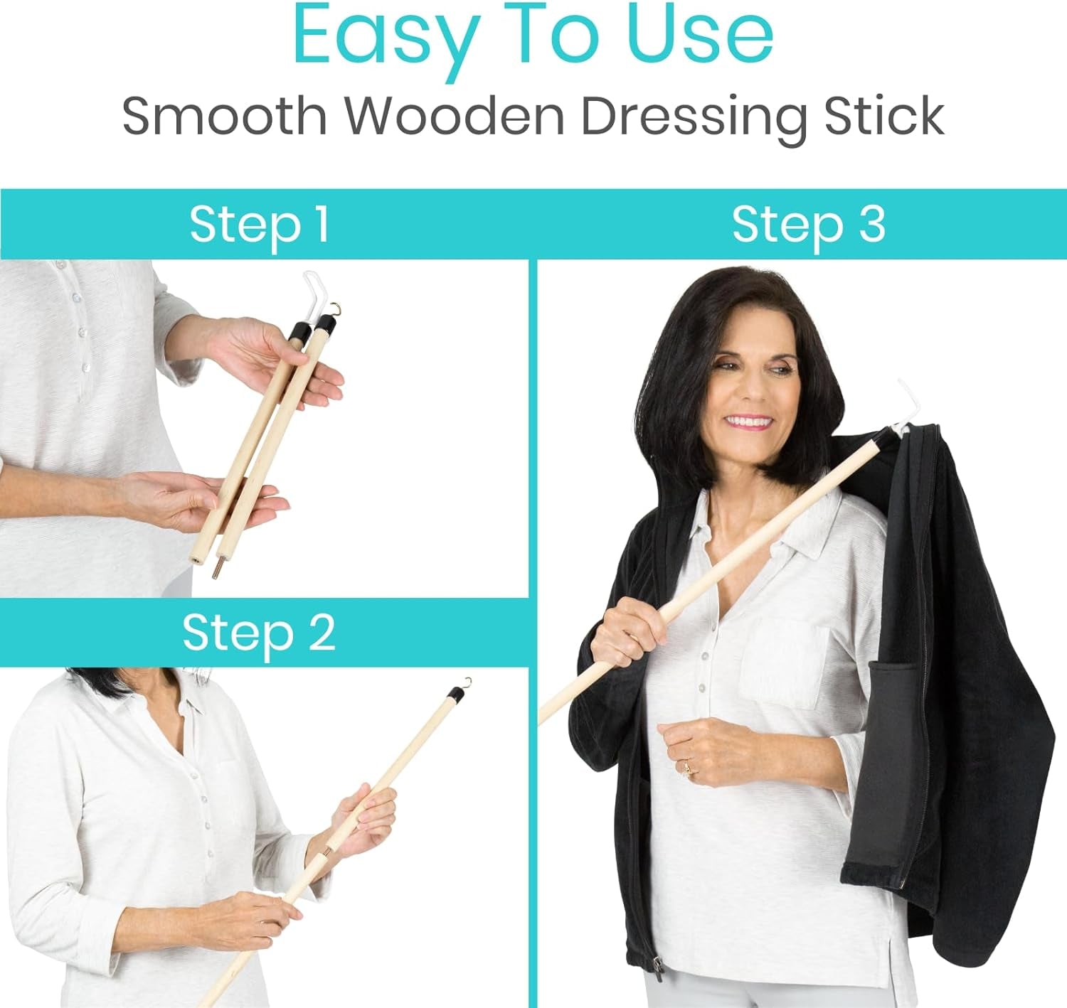 Dressing Stick for Elderly (27”) - with Zipper Puller & Sock Remover Tool - Aid for Pants - Accessories for Daily Living, Assistant Device No Bending for Seniors - after Shoulder Surgery Helper