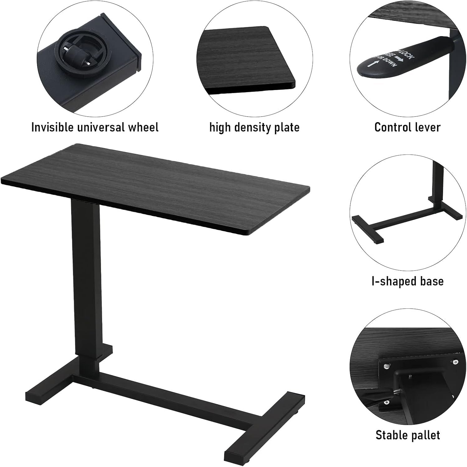 Overbed Table with Wheels Adjustable Height, Hospital Bed Table Laptop Bedside Table, Multi-Purpose Pneumatic Mobile over the Bed Table