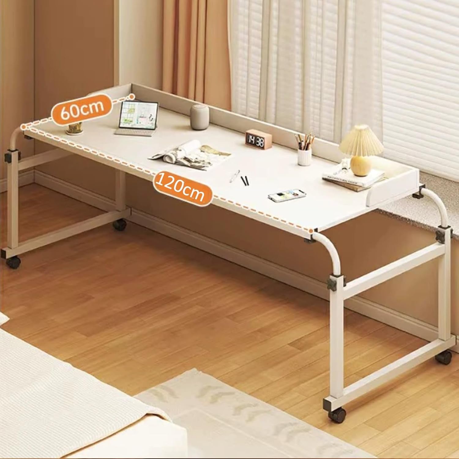 Adjustable Height Rolling Bed Table Tray Overbed Desk with Wheels for Laptop and Writing - Rolling Tray Bed Table (White 120 * 53Cm/47 * 21In)