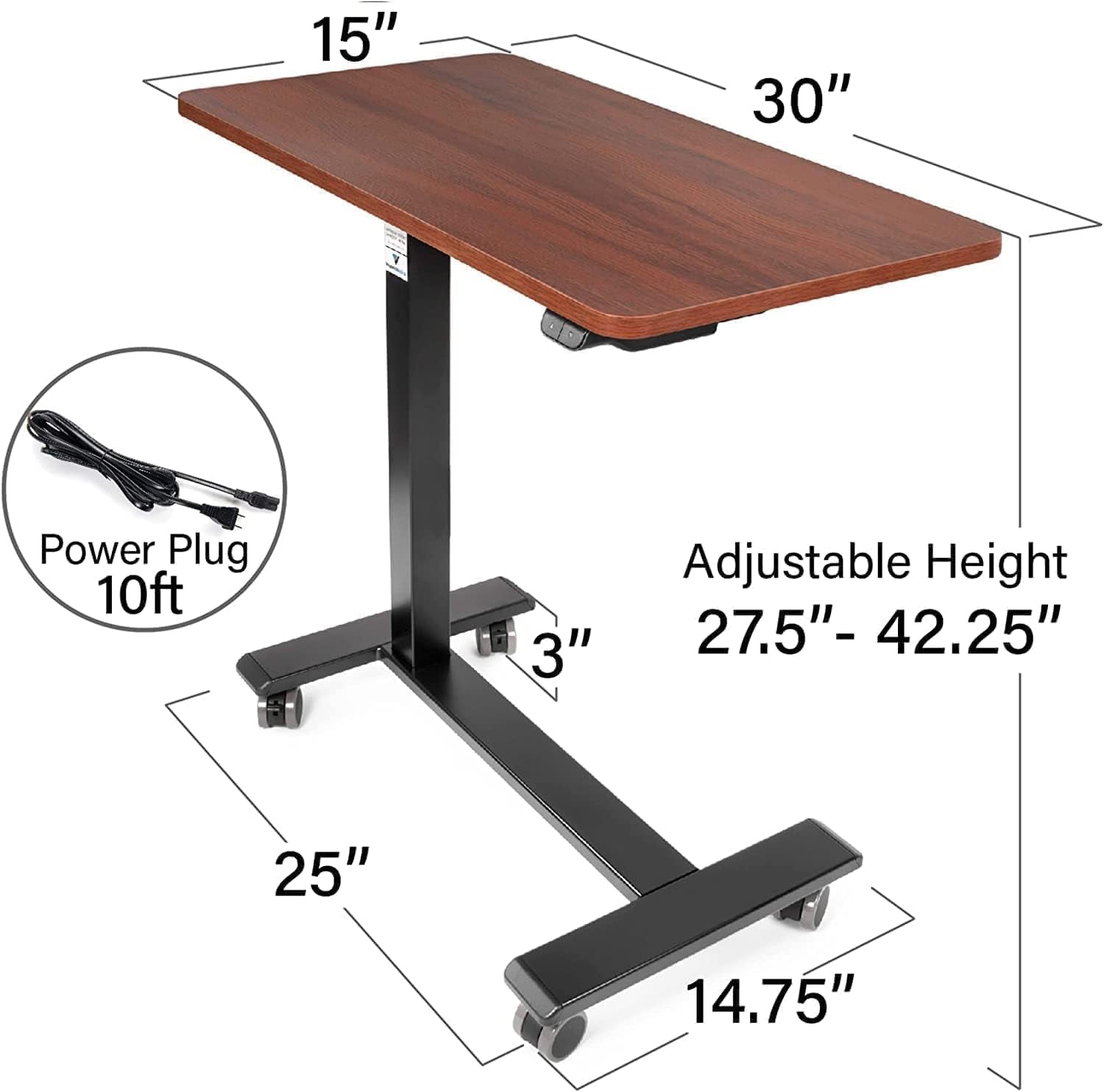 Medical Electric Overbed Table Bedside Height Adjustable Table with Wheels (Electric-Powered, Hospital and Home Use) - Brown (Organic Modern)