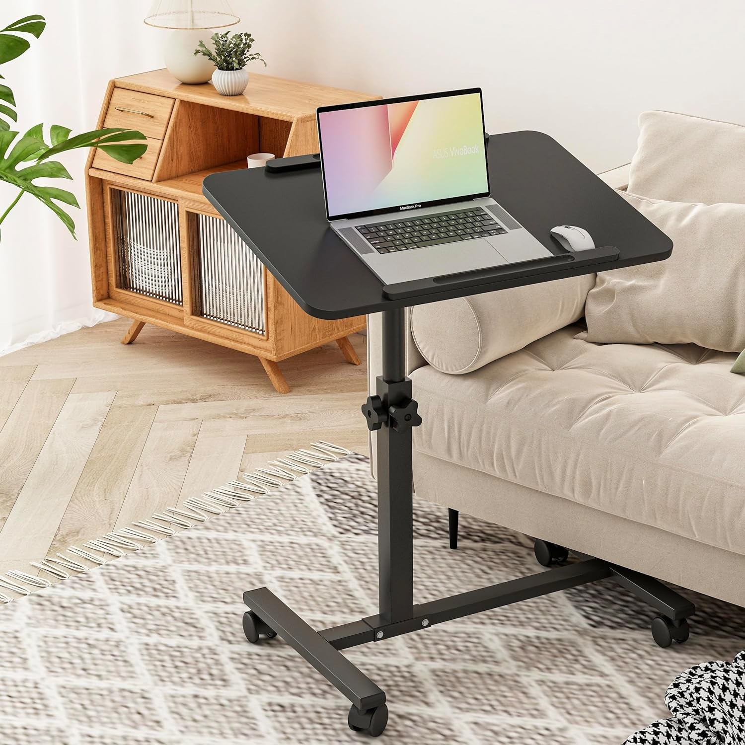 Adjustable Overbed Bedside Table with Wheels Rolling Laptop Tray Desk Cart Portable Mobile Sit Stand Desk Tilting Hospital Bed Table