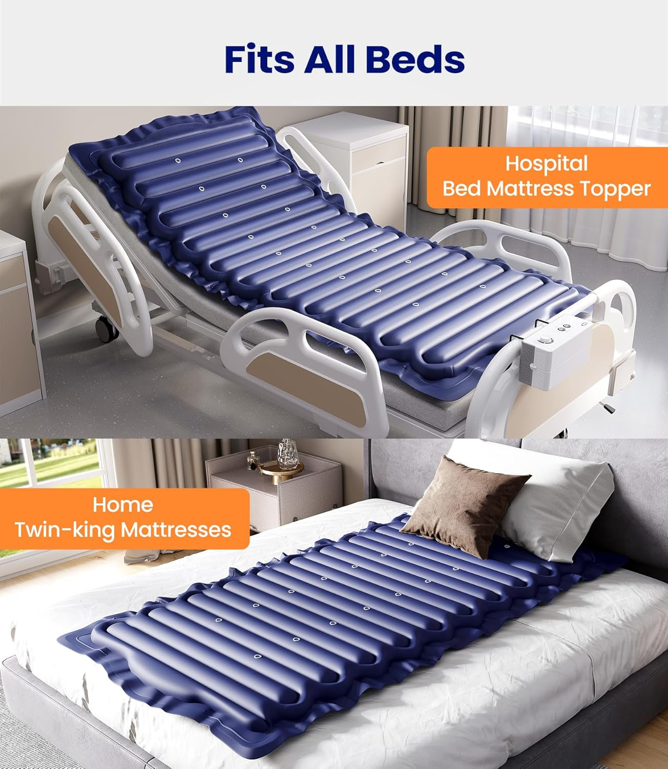 Alternating Air Pressure Mattress Pad, Bed Sore Prevention Solution Mattress Topper with 6-Setting Pump, Waterproof Pressure Ulcer Cushion Pad for Hospital Beds and Home (S12VA, Blue)