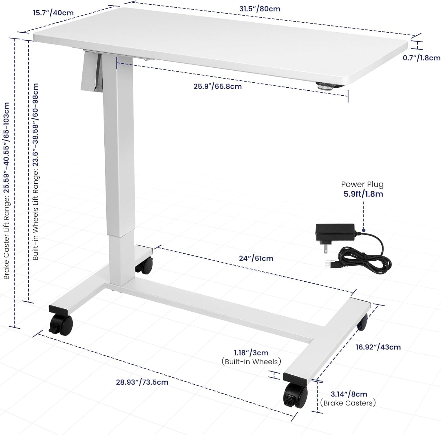 Electric Height Adjustable Overbed Bedside Table with Wheels for Home Office Use (White + White Frame)