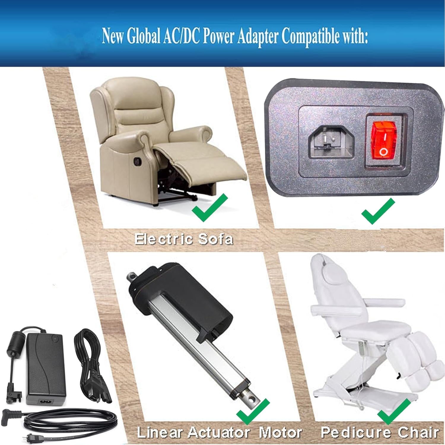 Universal 2-Pin Power Cord for Recliners with Extension Cable