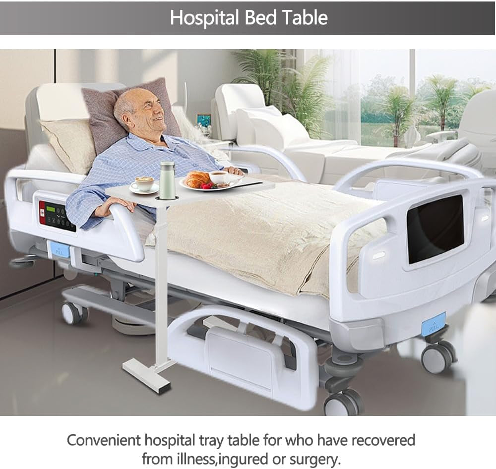 Overbed Table,Hospital Bed Table,Over the Bed Table with Hidden Wheels&Cup Holder,Adjustable Bedside Table and Rolling Bed Table Tray&Laptop Cart,Hospital Table over Bed for Home Use-White