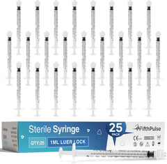 1 Ml Syringe without Needle - 25 Pack of Individually Wrapped Disposable Syringes - Good for Medical, Scientific Lab, Home Use, and More - Sterile Luer Lock Syringes