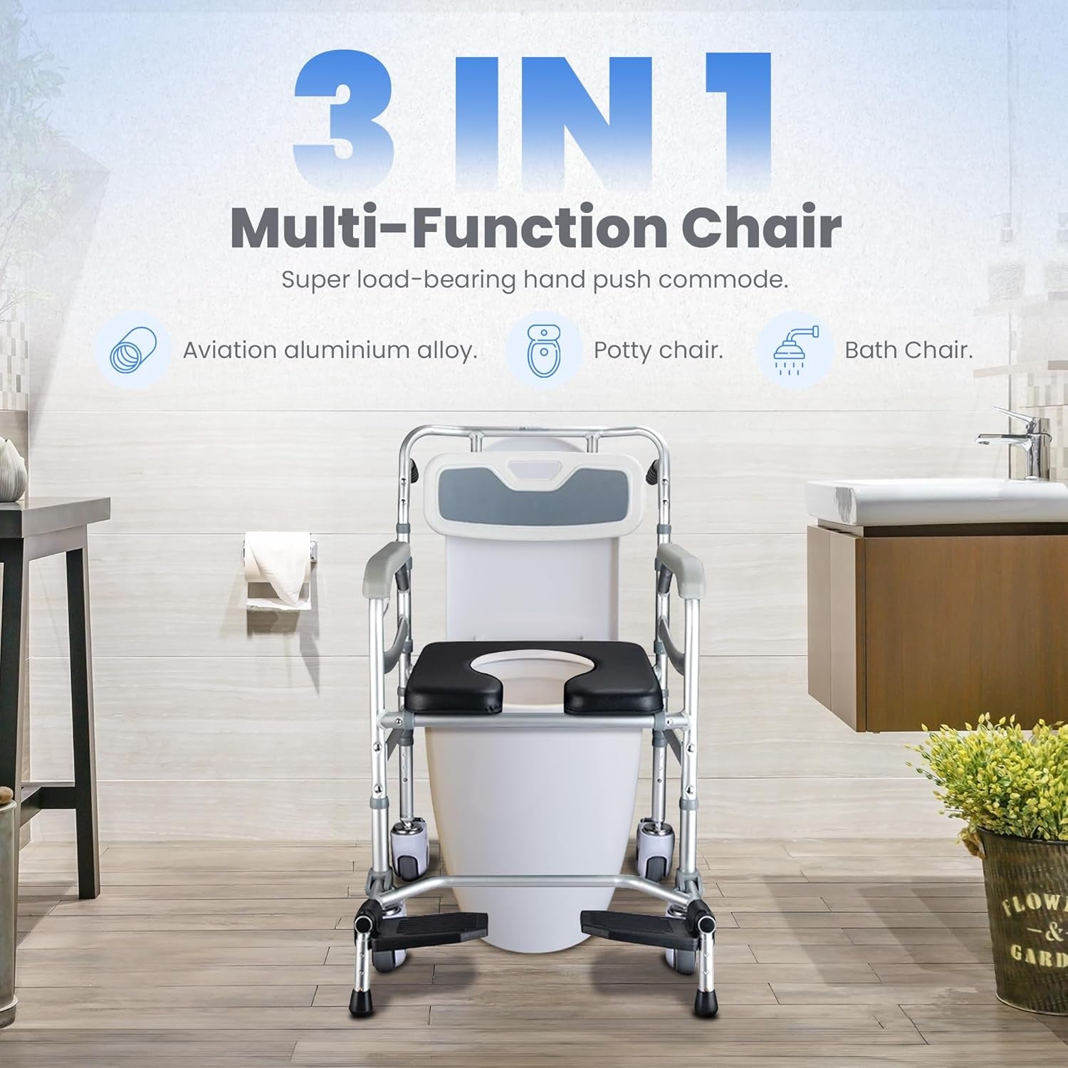 Shower Chair with Wheels & Tray - 3-In-1 Commode