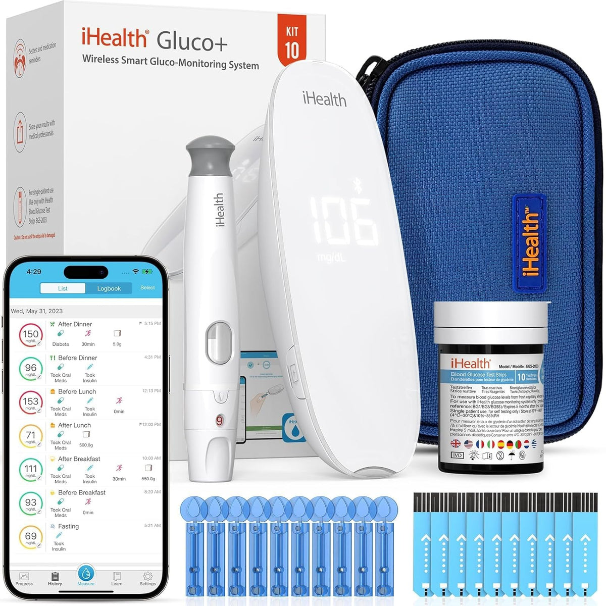 6.  Gluco+ Smart Glucose Monitor Kit - 100 Strips & Lancets