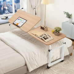 Adjustable Height Overbed Table with Wheels-Versatile over the Bed Desk for Eating, Working or Reading,Mobile Computer Table and Bed Table,Wood Color