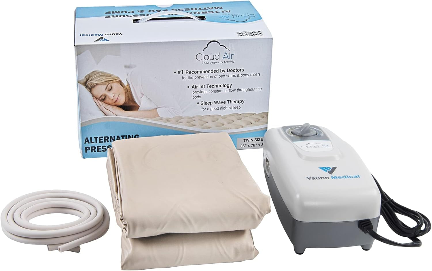 Medical Cloud Air Whisper Quiet Alternating Air Pressure Mattress Topper with Pump Twin Size 36" X 78" X 3"