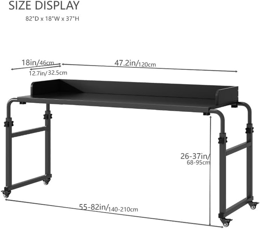 Overbed Table with Wheels, Bed Desk over Bed Table with Wheels Adjustable Height Bed Laptop Table, Queen King Size over the Bed Table with Wheels & Heavy Duty Metal Leg (Black)